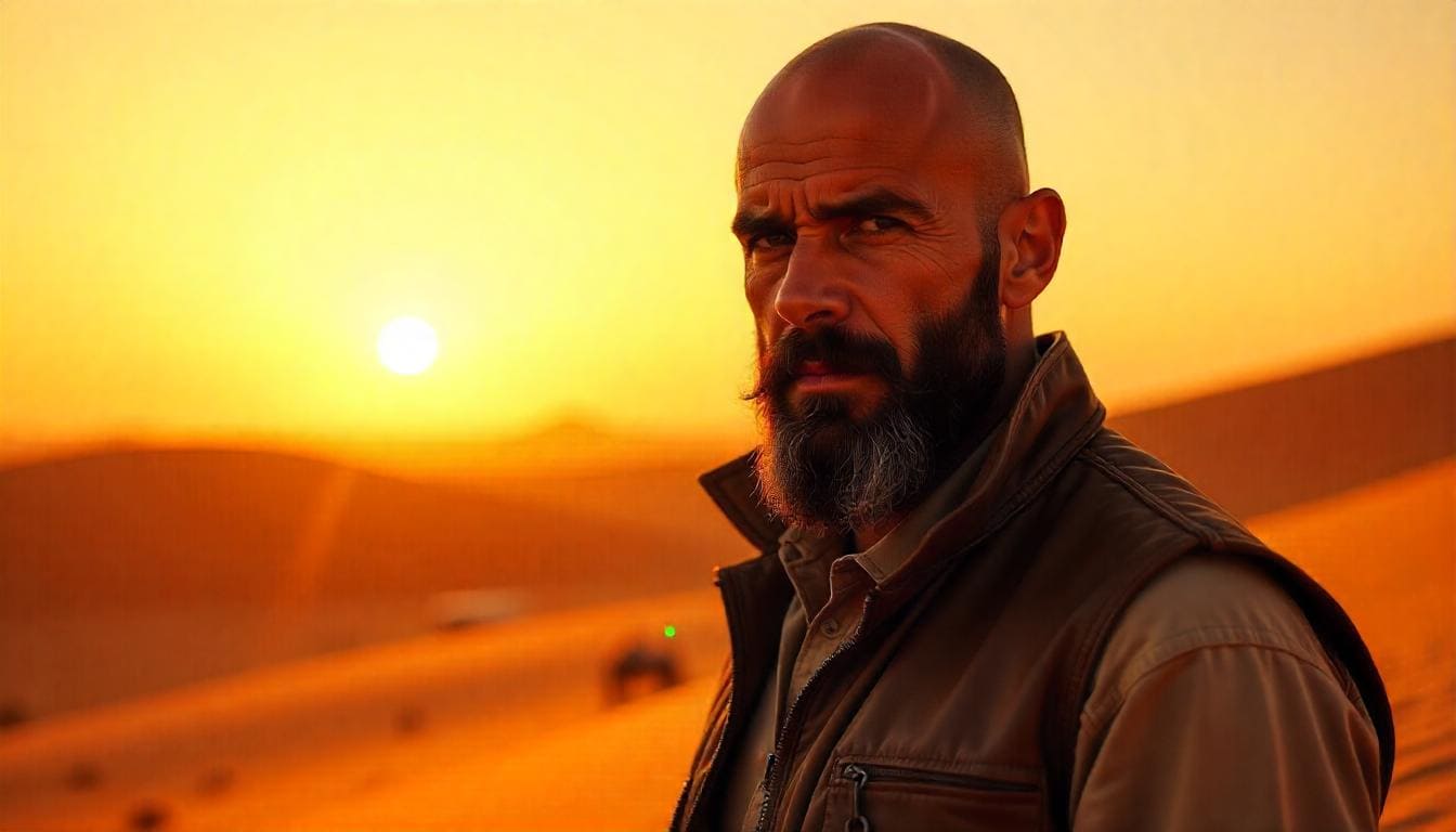 Casual bald individual with a naturally scruffy beard, portraying a laid-back vibe.